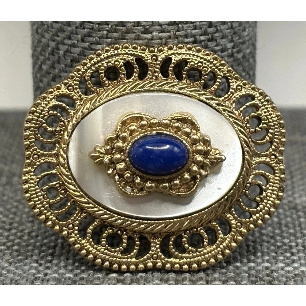 VTG 1928 Brand Victorian Revival Filigree Small Brooch Blue Cabochon Gold Tone